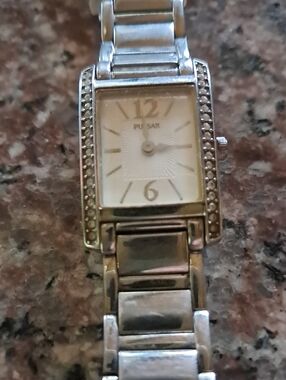 Pulsar Silver Crystal-Trim Rectangular Ladies Watch